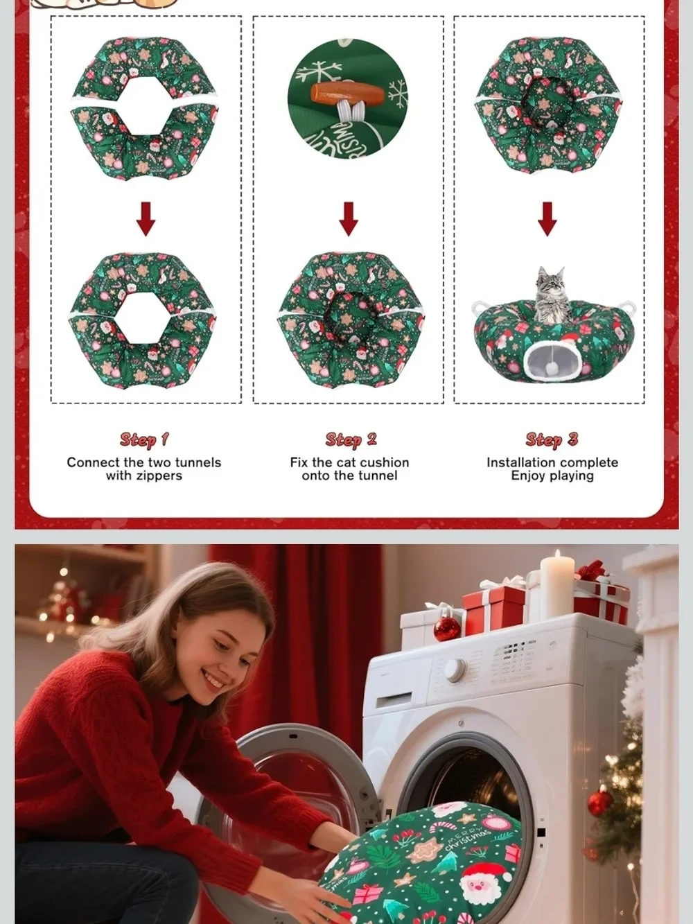 Holiday Cat Tunnel & Bed - Green Christmas Print